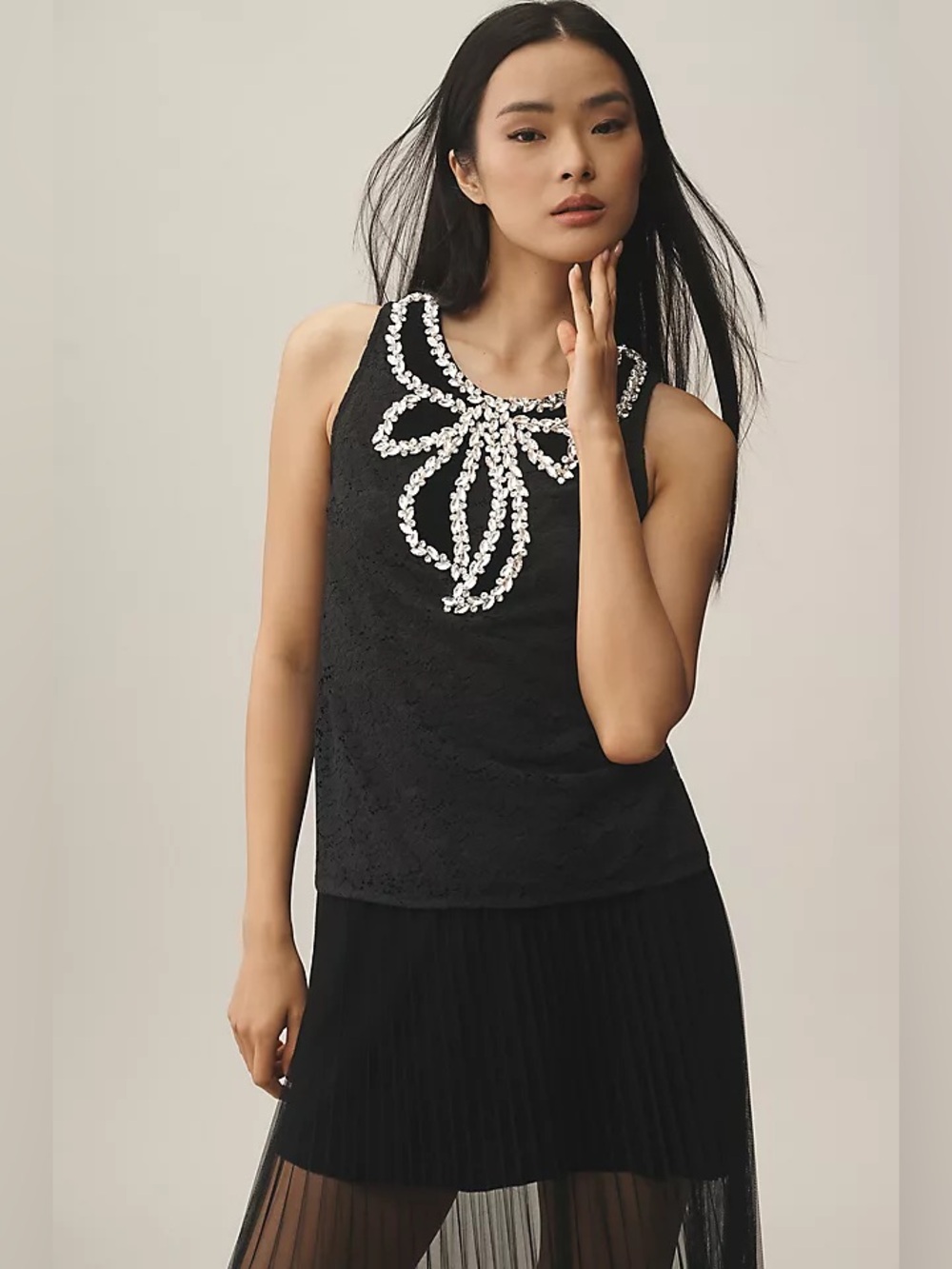 Maeve by Anthropologie Crystal Bow Embellished Black Lace Tank Top XS Glam Party